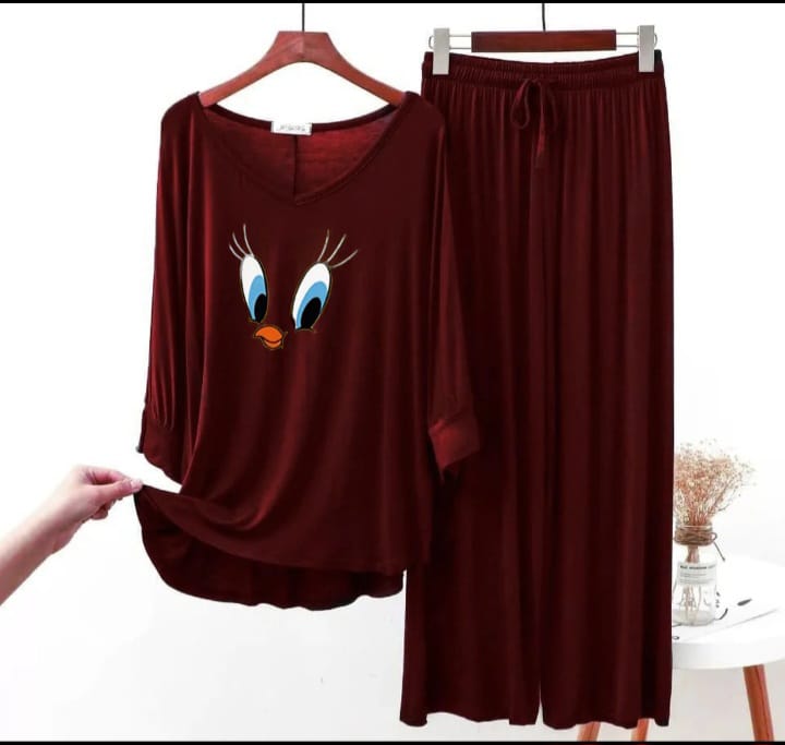 Maroon Daffy Duck V-Neck Women's Printed Night Suit PJ Set