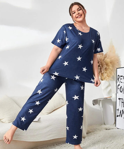 Navy Blue Star Printed Cotton Nightwear Set for Women