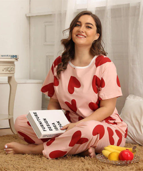 Pink Dilbar Heart-Print Night Suit – Soft & Stylish Pajama Set