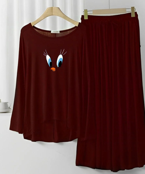 Maroon Daffy Duck V-Neck Women's Printed Night Suit PJ Set