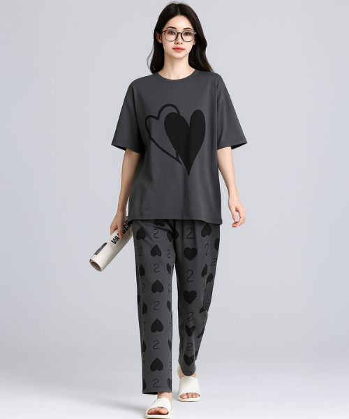 Stylish Grey Double-Dil Printed Half Sleeve Cotton Night Suit for Women