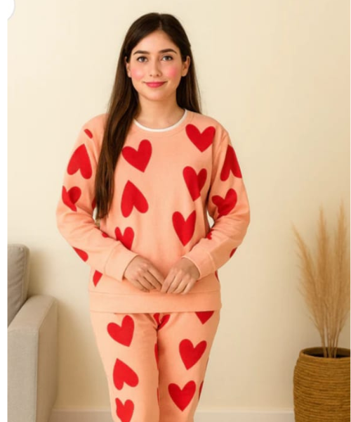 Winter Pink Dilber Printed Fleece Night Suit for Women