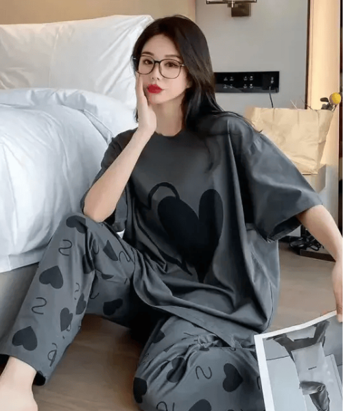 Stylish Grey Double-Dil Printed Half Sleeve Cotton Night Suit for Women