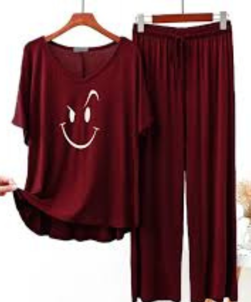 Maroon Smiley Face V-Neck Women's Printed Night Suit PJ Set