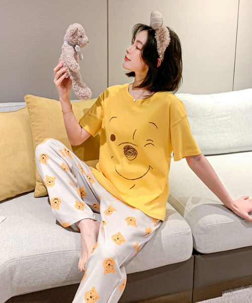 Yellow Bawo Half Sleeve Printed Cotton Night Suit for Women