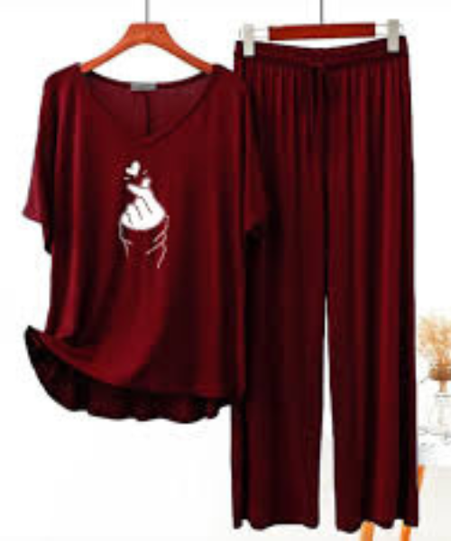 Maroon K-Pop Heart V-Neck Women's Printed Night Suit PJ Set