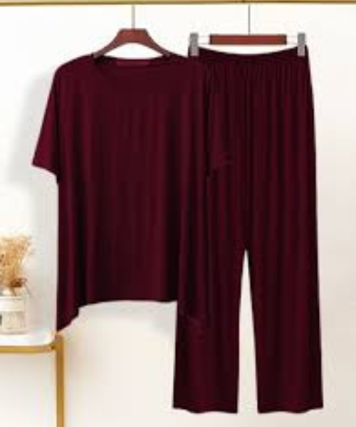 Maroon Smiley Face V-Neck Women's Printed Night Suit PJ Set