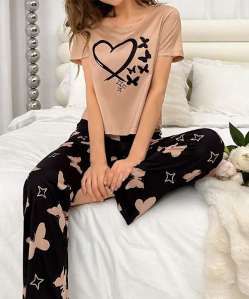 Elegant Butterfly Heart Printed Nightwear Set
