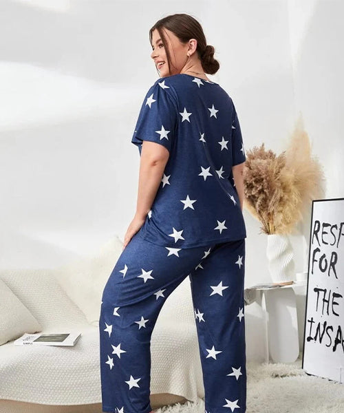 Navy Blue Star Printed Cotton Nightwear Set for Women