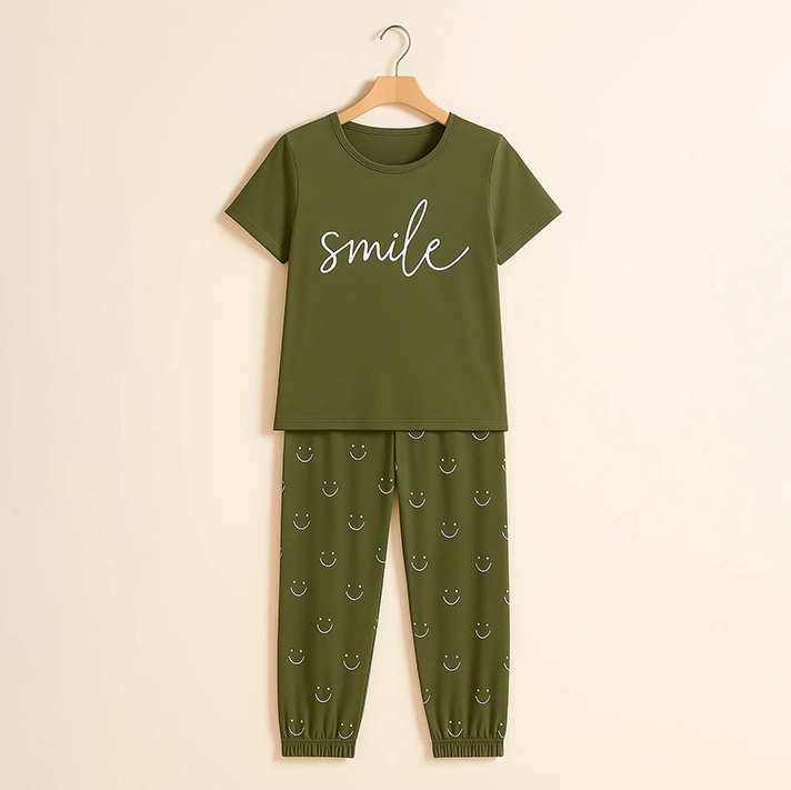 Women’s Ultra-Soft Olive Green PJ Set - Cute Smile Print Nightsuit
