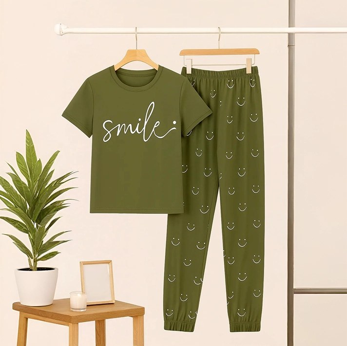 Women’s Ultra-Soft Olive Green PJ Set - Cute Smile Print Nightsuit