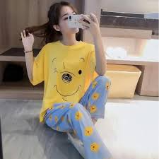 Yellow Bawo Half Sleeve Printed Cotton Night Suit for Women