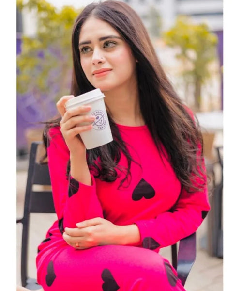 Sweetheart Bliss: Hot Pink & Black Hearts Loungewear Set