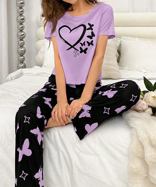 Elegant Butterfly Heart Printed Nightwear Set