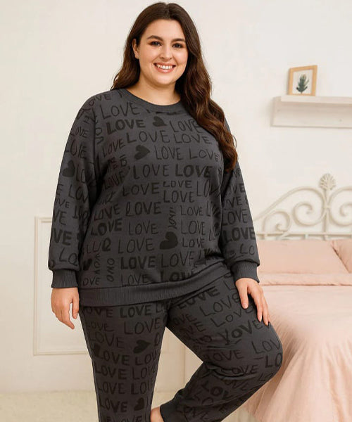 Cozy Love Letter: Charcoal Grey Print Loungewear Set