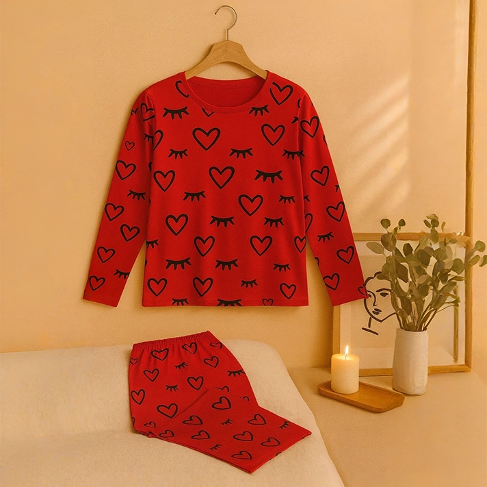 Sweet Dreams Heart Print Pajama Set - Vibrant Red Full-Sleeve Sleepwear
