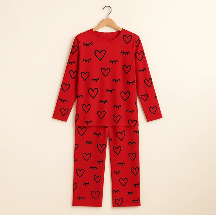 Sweet Dreams Heart Print Pajama Set - Vibrant Red Full-Sleeve Sleepwear