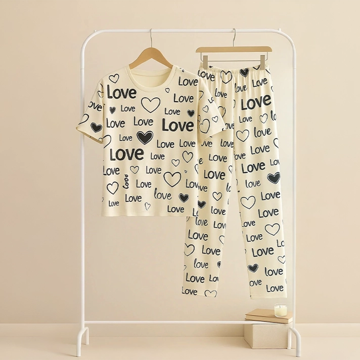 Creamy Hearts & Love Printed Pajama Suit - Soft Cotton Comfort
