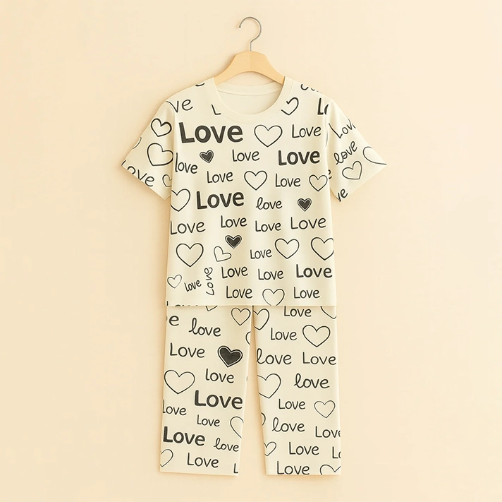 Creamy Hearts & Love Printed Pajama Suit - Soft Cotton Comfort